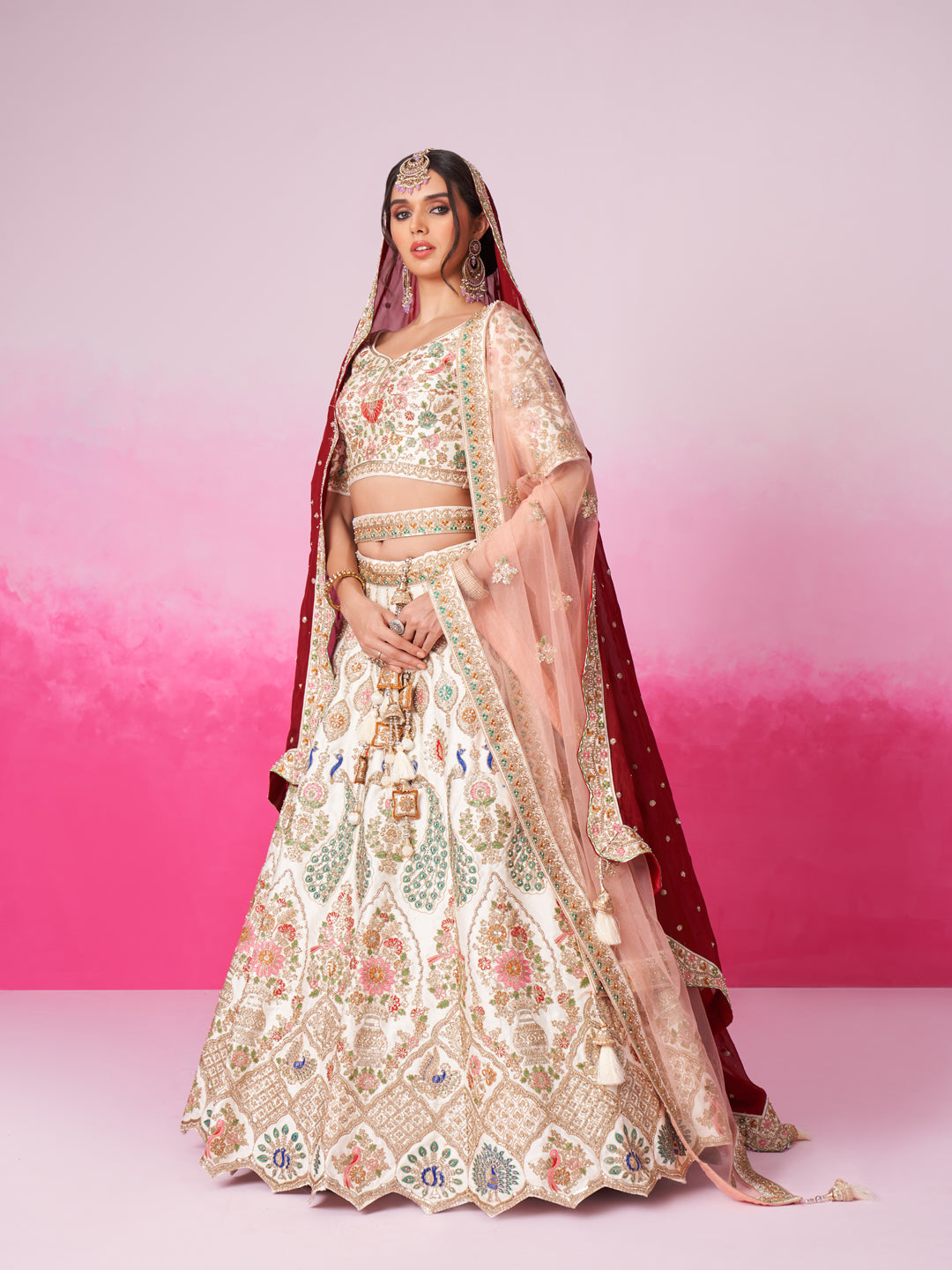 Women Cream Pure silk Moti, Sequins embroidery Bridel Lehenga choli & Dupatta