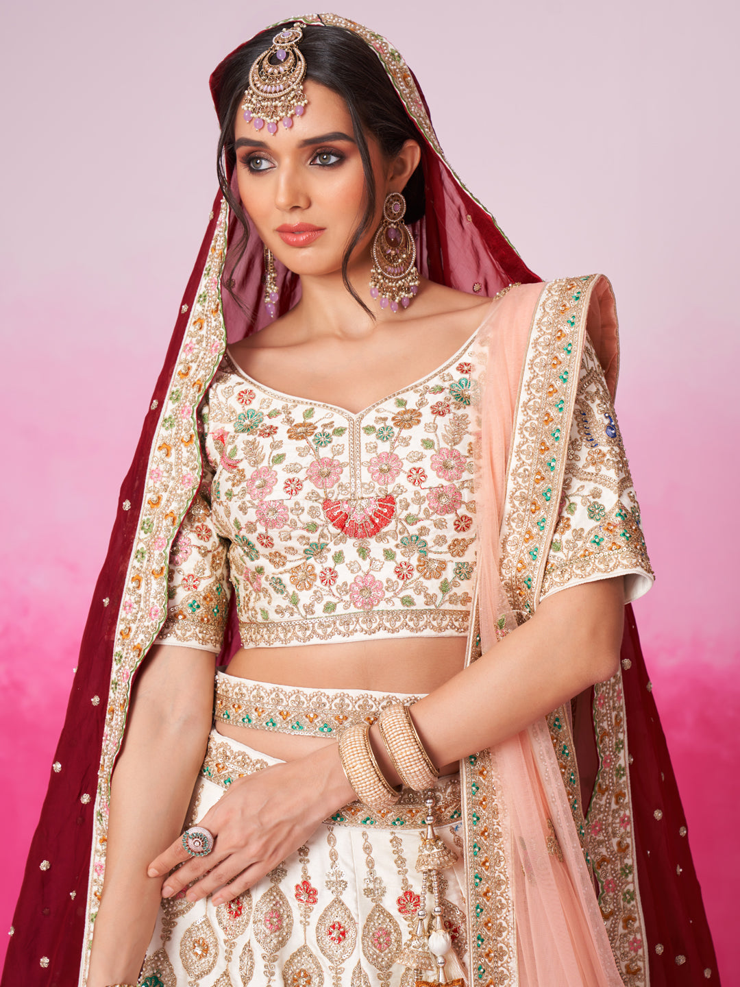 Women Cream Pure silk Moti, Sequins embroidery Bridel Lehenga choli & Dupatta