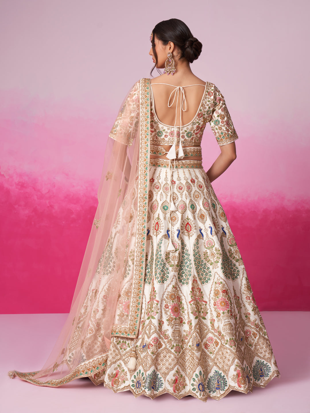 Women Cream Pure silk Moti, Sequins embroidery Bridel Lehenga choli & Dupatta