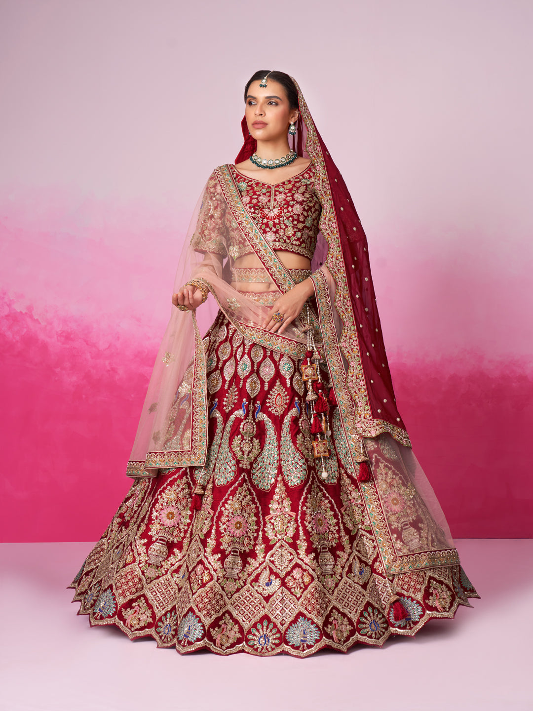Women Red Pure silk Moti, Sequins embroidery Bridel Lehenga choli & Dupatta