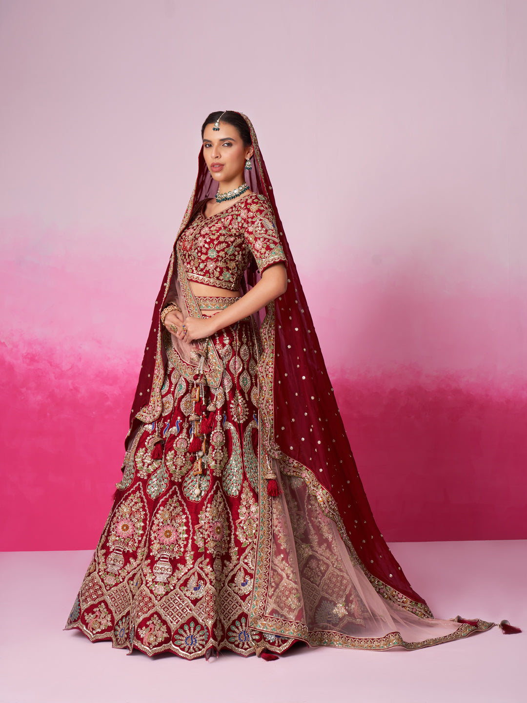 Women Red Pure silk Moti, Sequins embroidery Bridel Lehenga choli & Dupatta