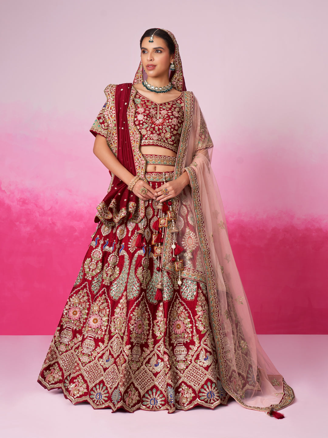 Women Red Pure silk Moti, Sequins embroidery Bridel Lehenga choli & Dupatta