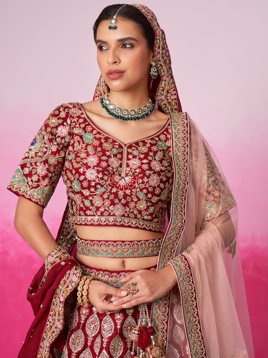 Women Red Pure silk Moti, Sequins embroidery Bridel Lehenga choli & Dupatta