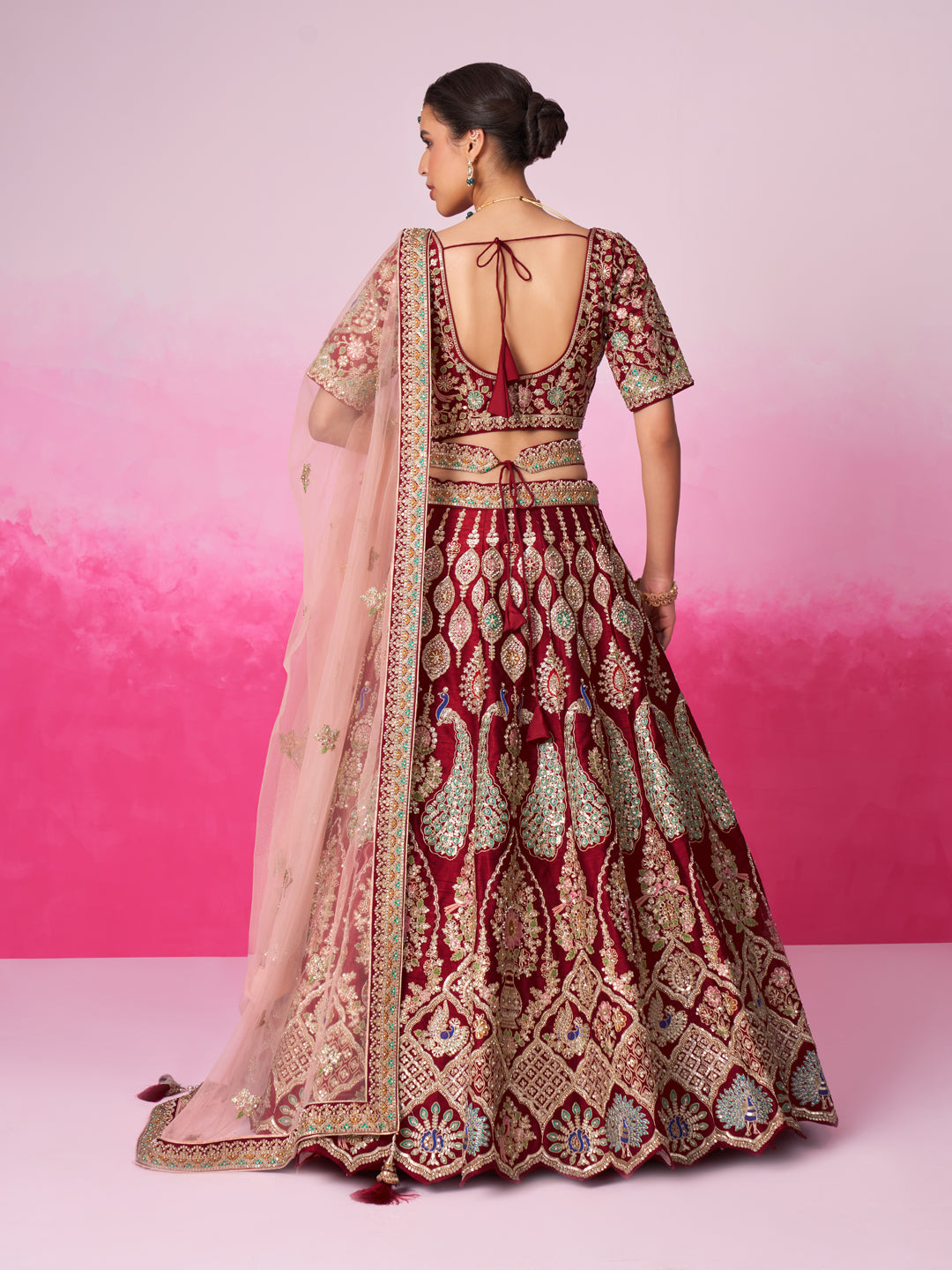 Women Red Pure silk Moti, Sequins embroidery Bridel Lehenga choli & Dupatta