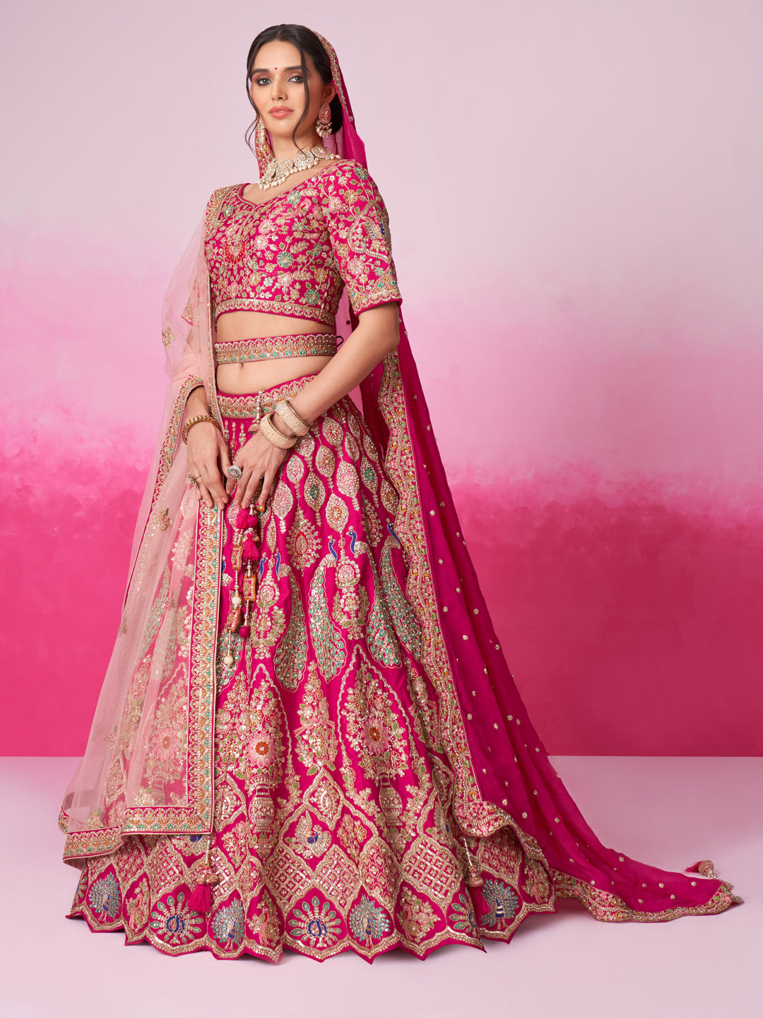 Women Pink Pure silk Moti, Sequins embroidery Bridel Lehenga choli & Dupatta