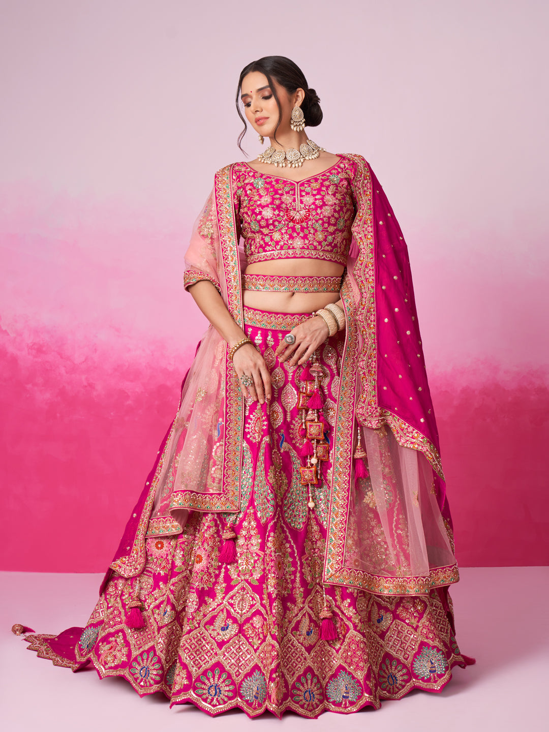 Women Pink Pure silk Moti, Sequins embroidery Bridel Lehenga choli & Dupatta