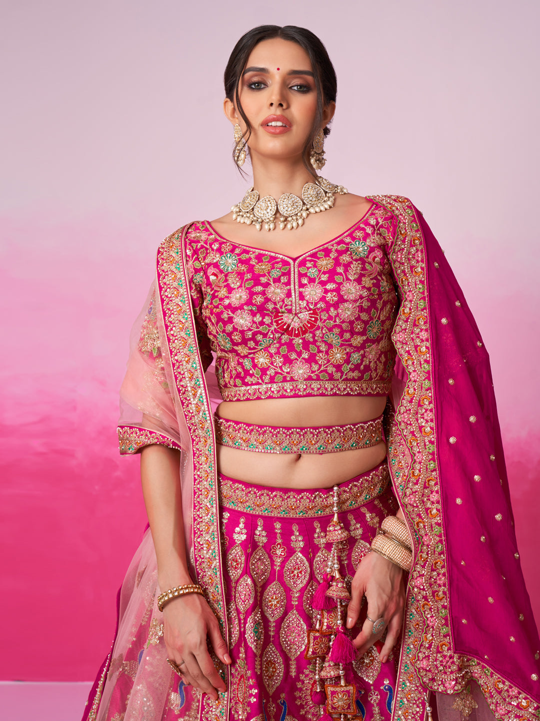 Women Pink Pure silk Moti, Sequins embroidery Bridel Lehenga choli & Dupatta