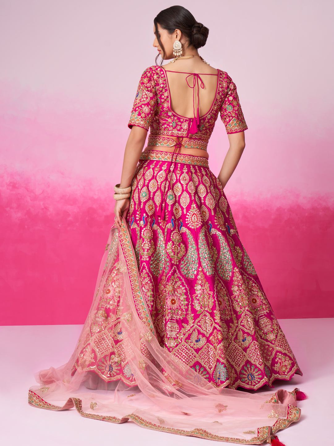 Women Pink Pure silk Moti, Sequins embroidery Bridel Lehenga choli & Dupatta