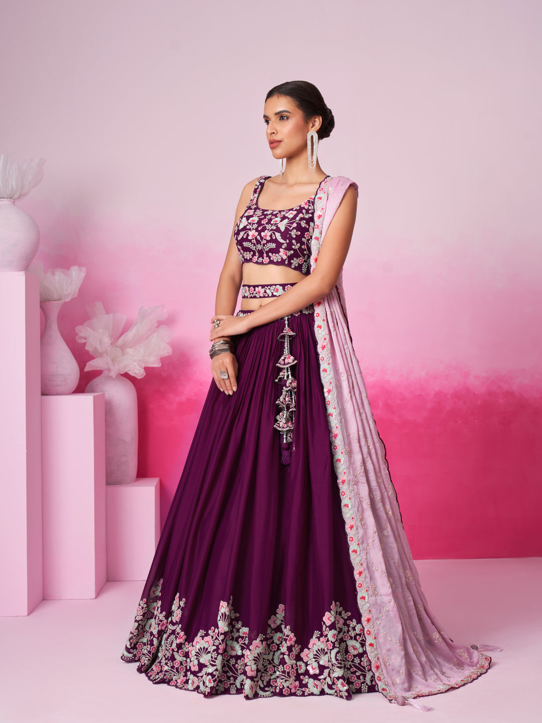 Women Burgundy Pure Georgette Sequin embroidery Lehenga choli & Dupatta