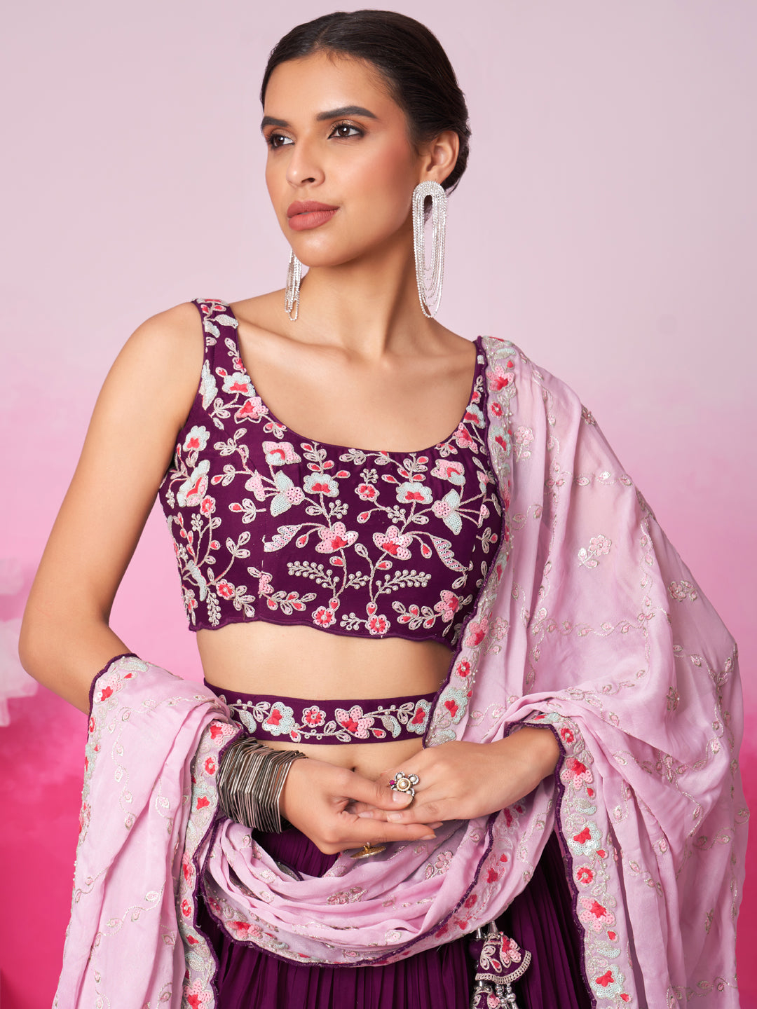 Women Burgundy Pure Georgette Sequin embroidery Lehenga choli & Dupatta