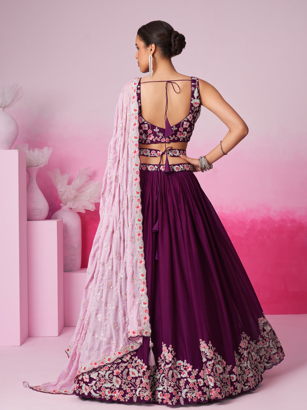 Women Burgundy Pure Georgette Sequin embroidery Lehenga choli & Dupatta