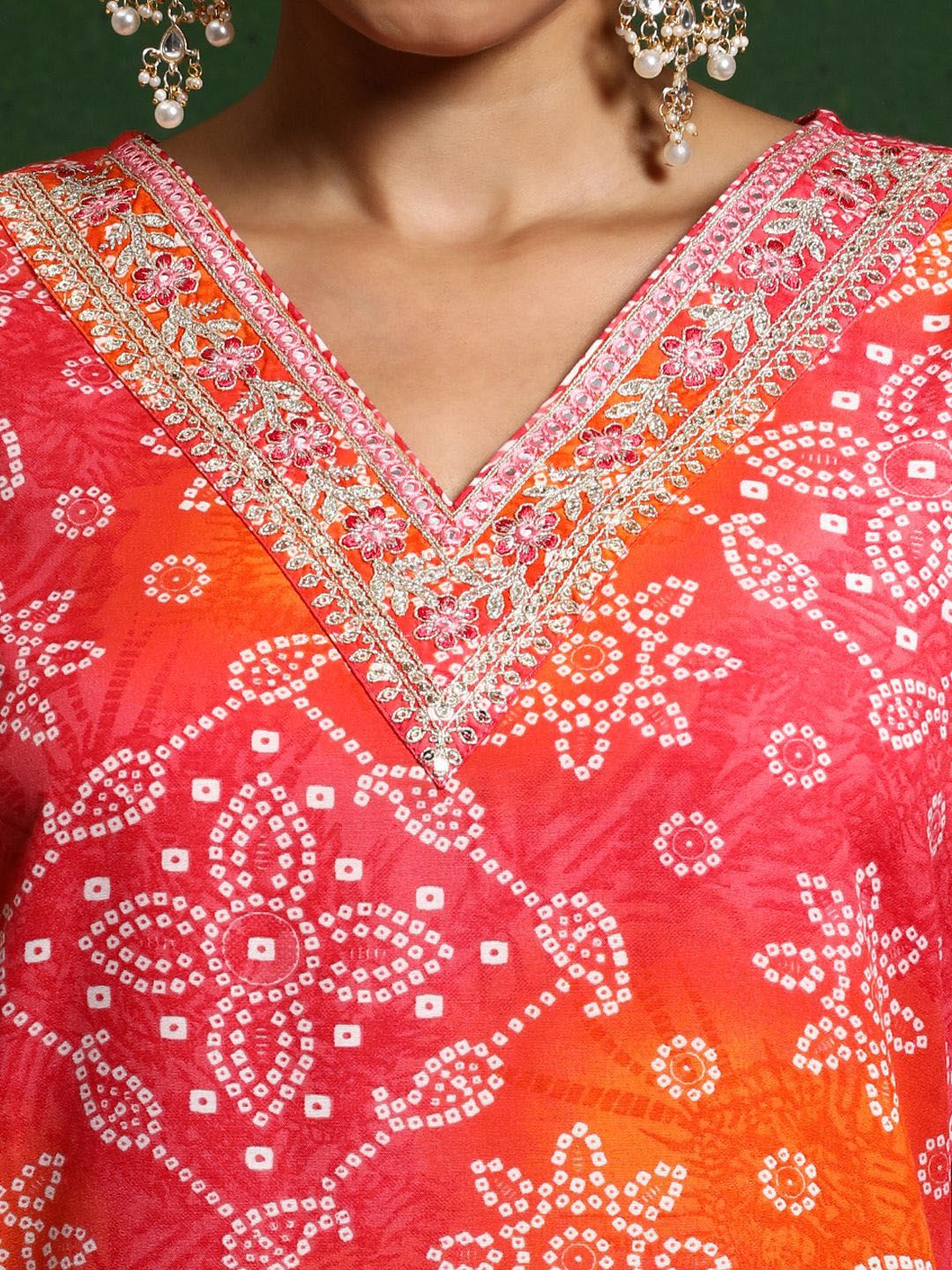 Dhiyona VA Women'sBandhani Printed V-Neck Thread Work Kurta With Trousers & Dupatta