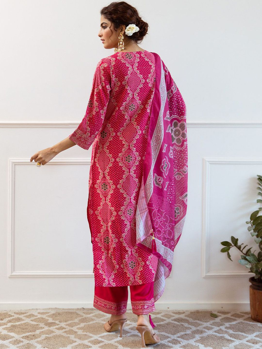 Dhiyona IS Women's Floral Embroidered Sequinned Kurta With Palazzos & Dupatta