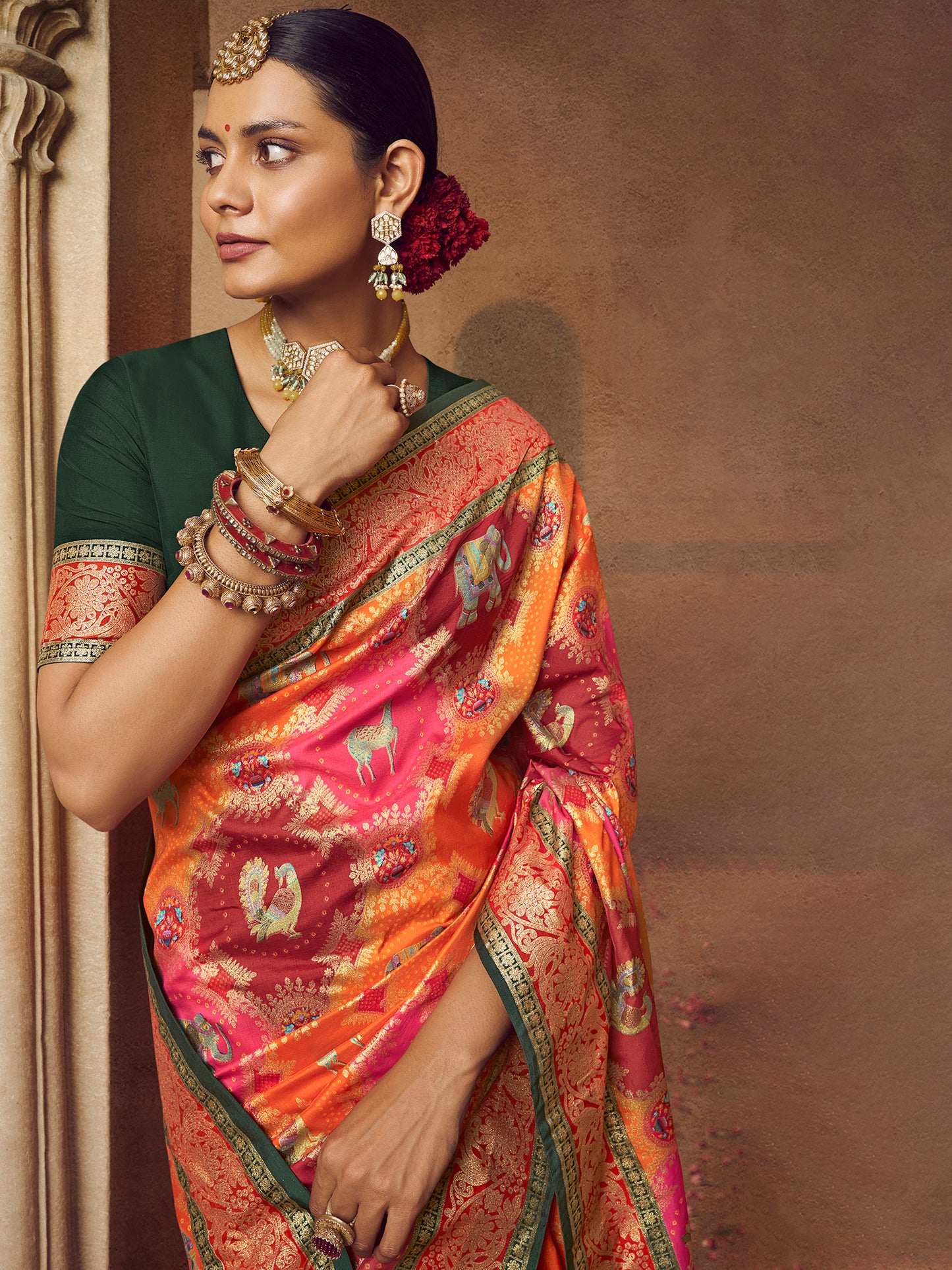 Women's Silk Blend Orange Woven Design Designer Saree With Blouse Piece