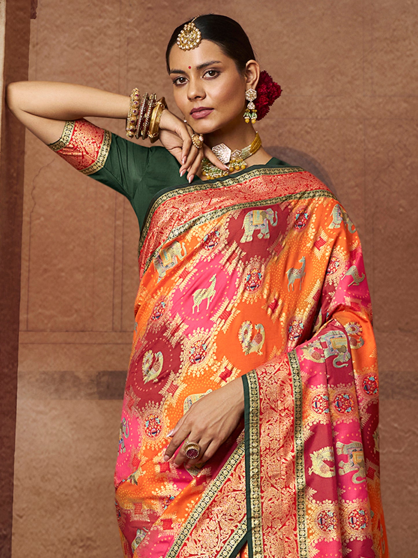 Women's Silk Blend Orange Woven Design Designer Saree With Blouse Piece