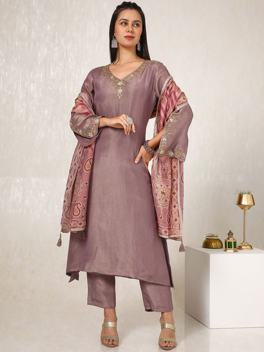 Dhiyona SO Women's Embroidered Beads and Stones A Line Kurta with Trousers & Dupatta