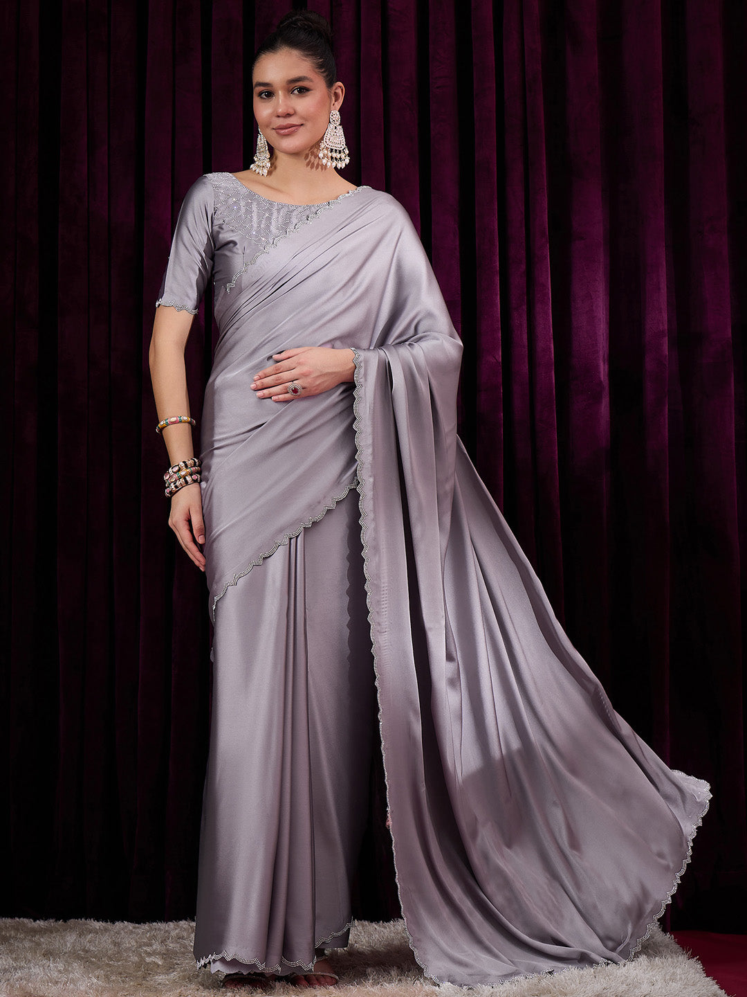 Women's Satin Silk Grey Embellished Designer Saree With Blouse Piece