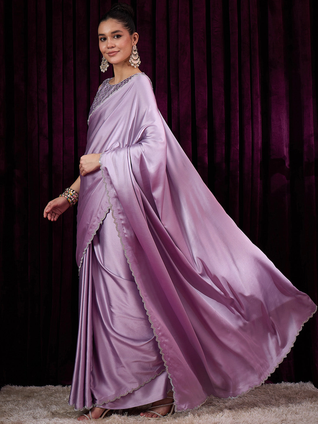 Women's Satin Silk Mauve Embellished Designer Saree With Blouse Piece