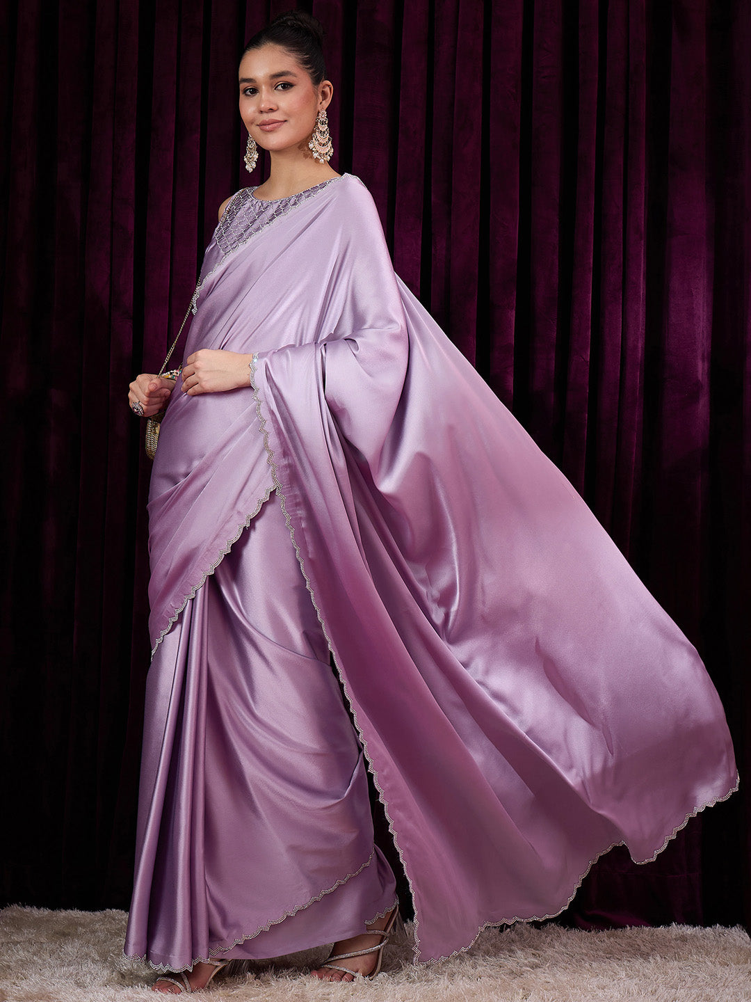 Women's Satin Silk Mauve Embellished Designer Saree With Blouse Piece