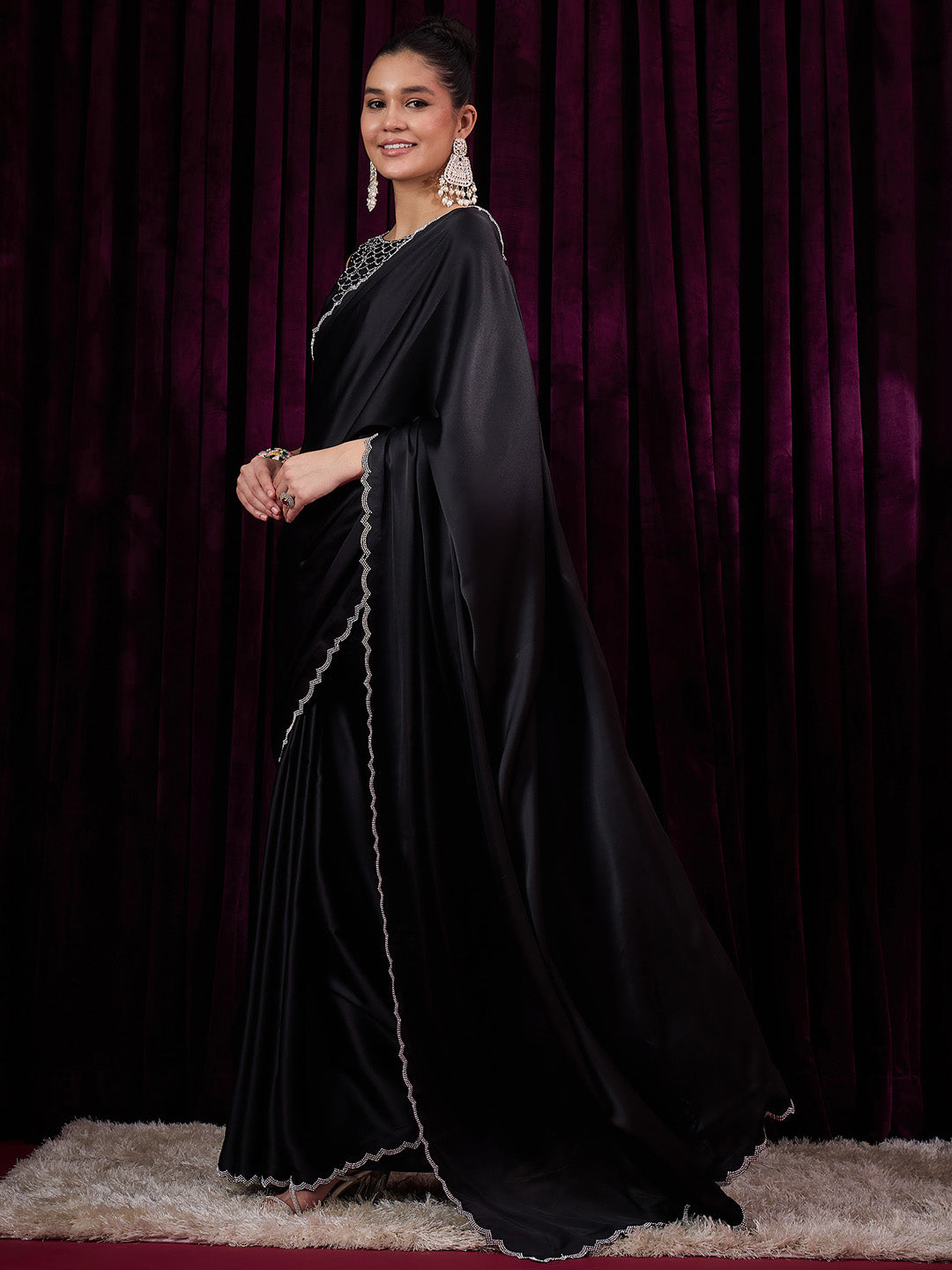 Women's Satin Silk Black Embellished Designer Saree With Blouse Piece