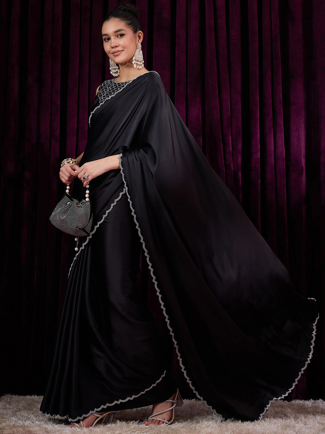 Women's Satin Silk Black Embellished Designer Saree With Blouse Piece