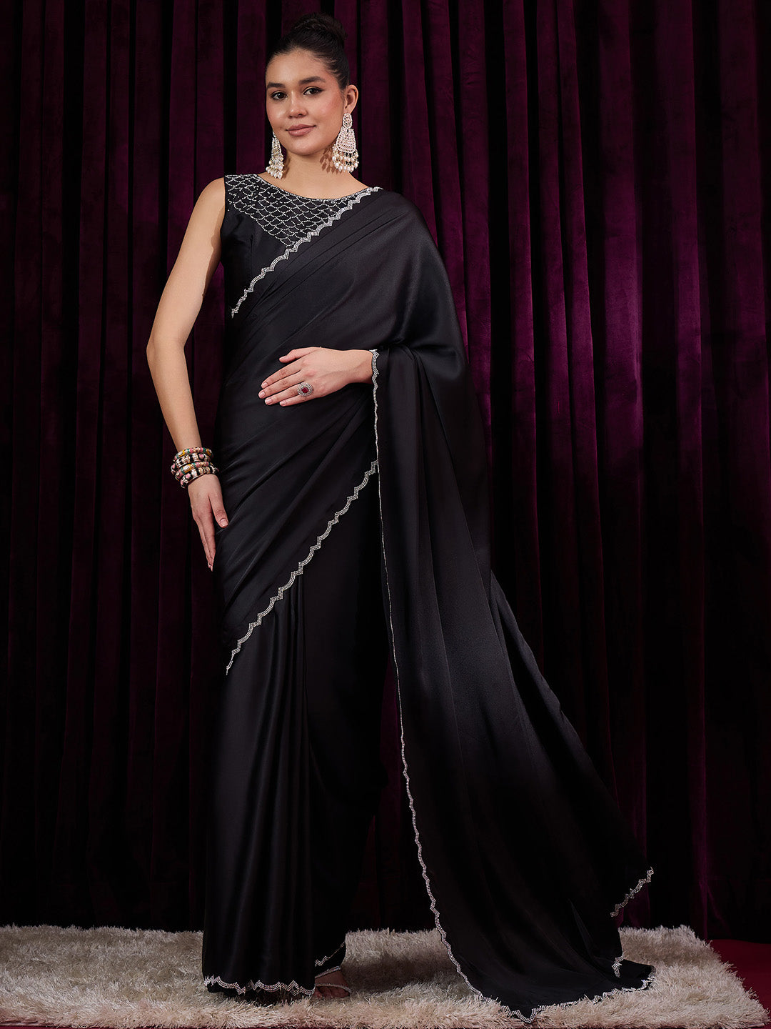 Women's Satin Silk Black Embellished Designer Saree With Blouse Piece