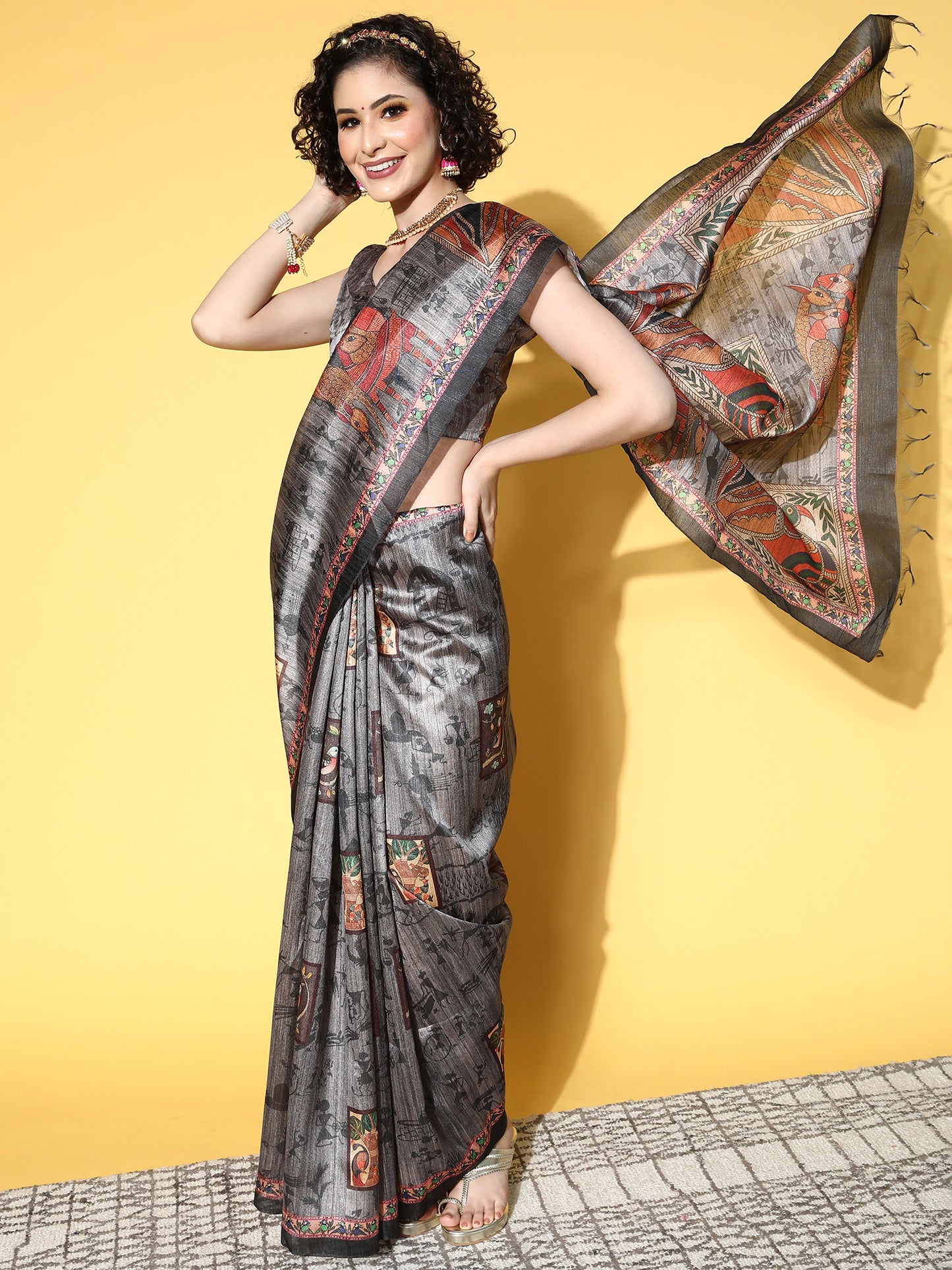 Women's Manipuri Silk Charcoal Grey Printed Designer Saree With Blouse Piece