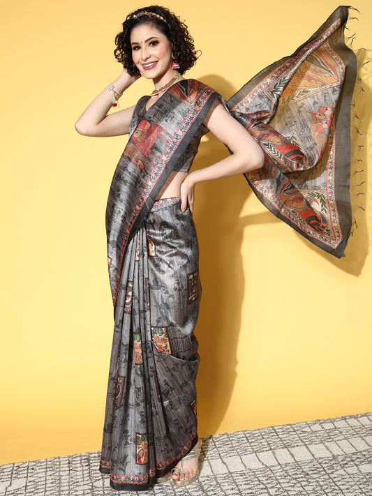 Women's Manipuri Silk Charcoal Grey Printed Designer Saree With Blouse Piece