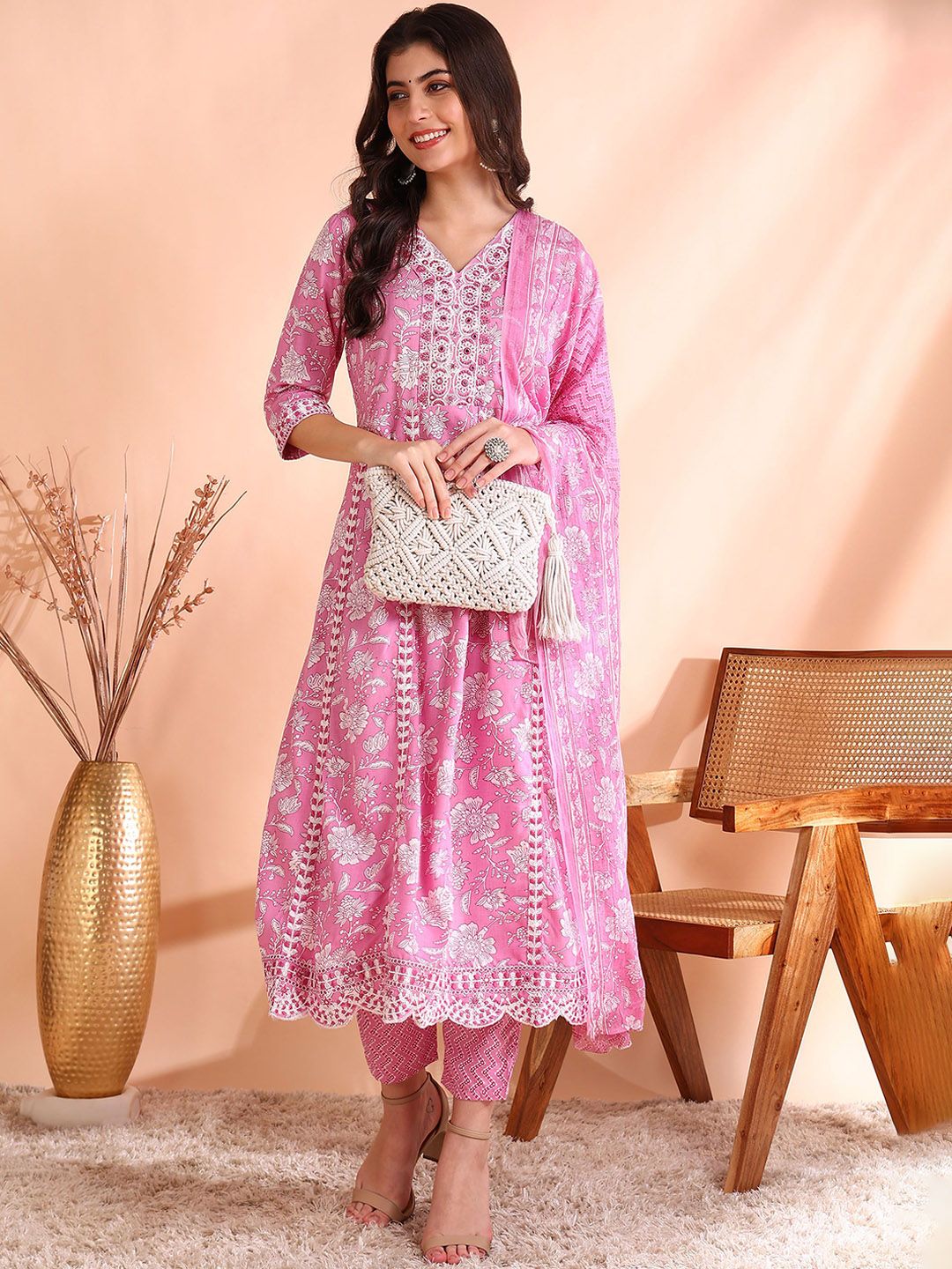 Dhiyona OD  Thread Work Pure Cotton Anarkali Kurta with Trousers & Dupatta