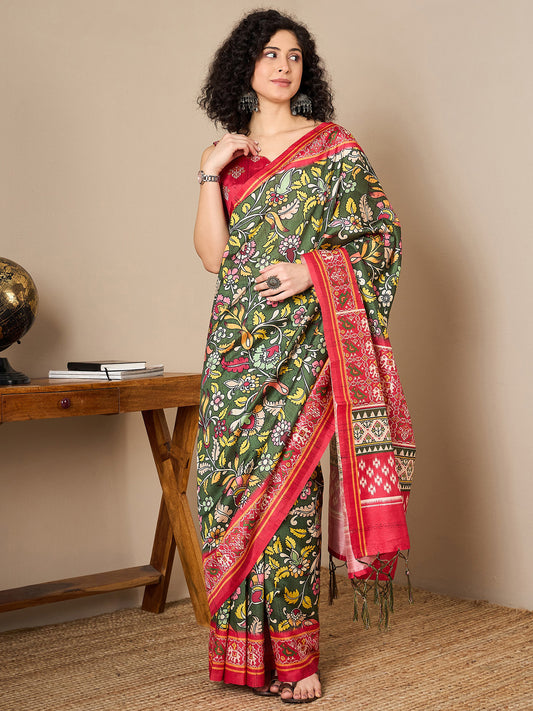 Women's Bhagalpuri Silk Red Printed Ready to Wear With Blouse Piece