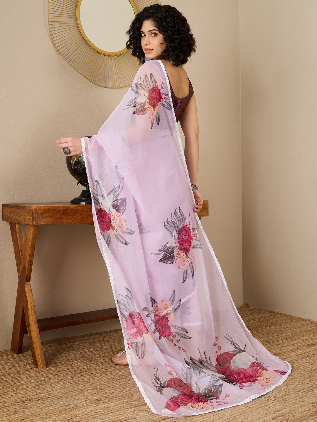 Women's Organza Magenta Digital Print Ready to Wear With Blouse Piece