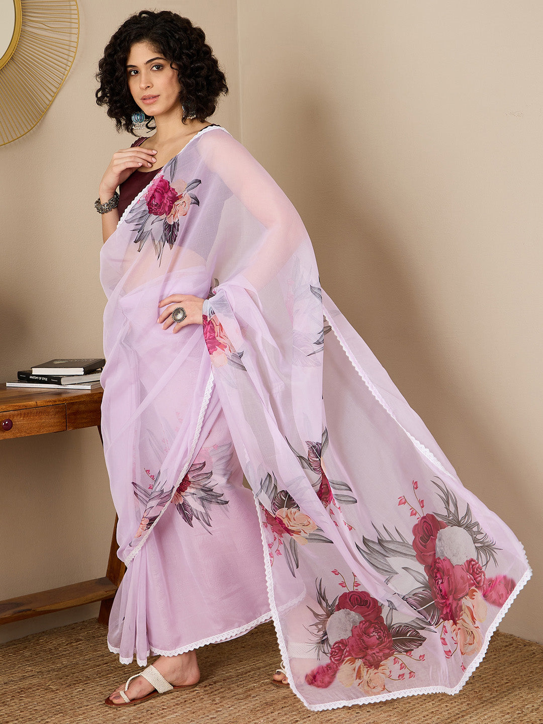 Women's Organza Magenta Digital Print Ready to Wear With Blouse Piece