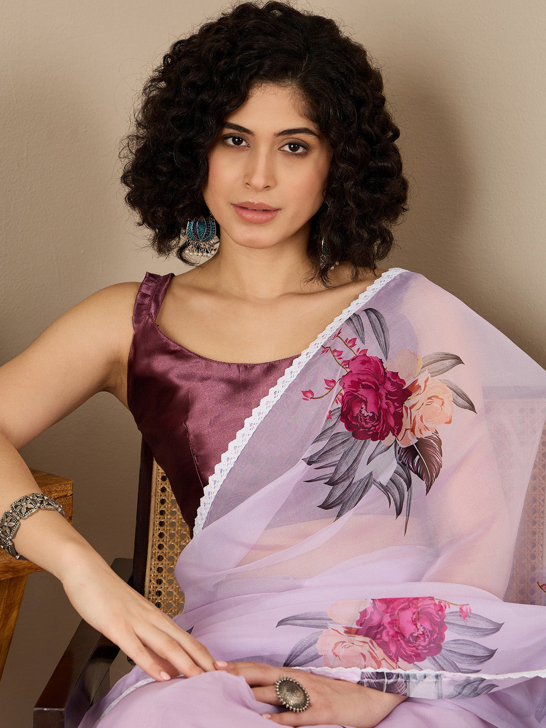Women's Organza Magenta Digital Print Ready to Wear With Blouse Piece