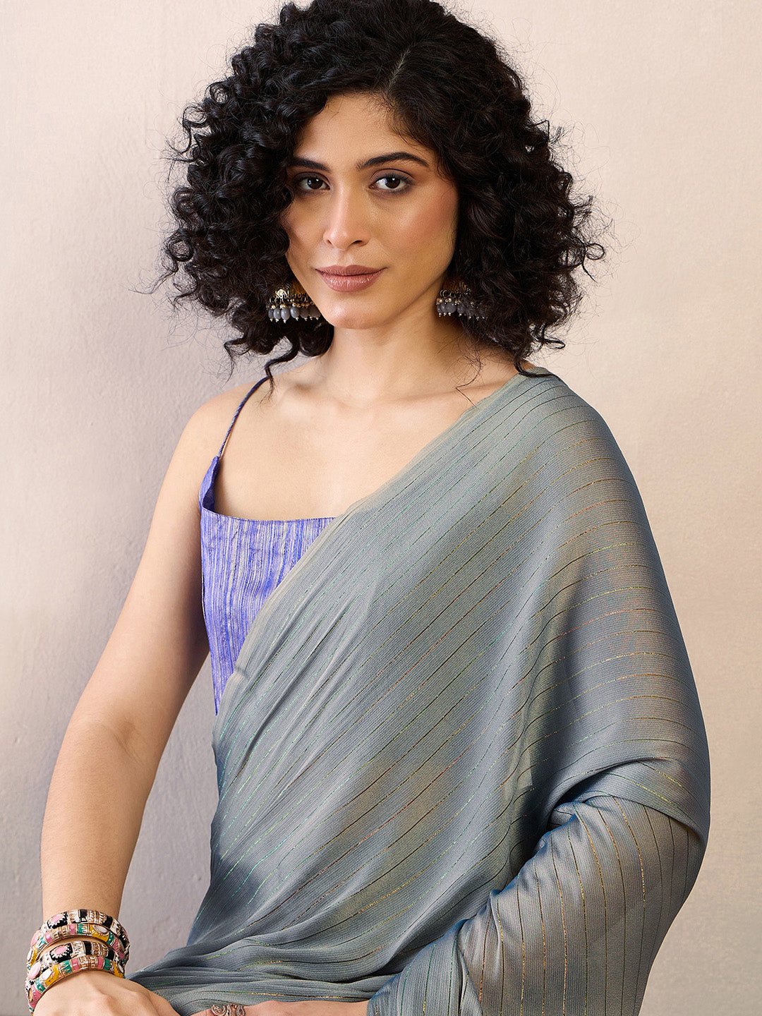 Women's Poly Georgette Blue Solid Ready to Wear With Blouse Piece