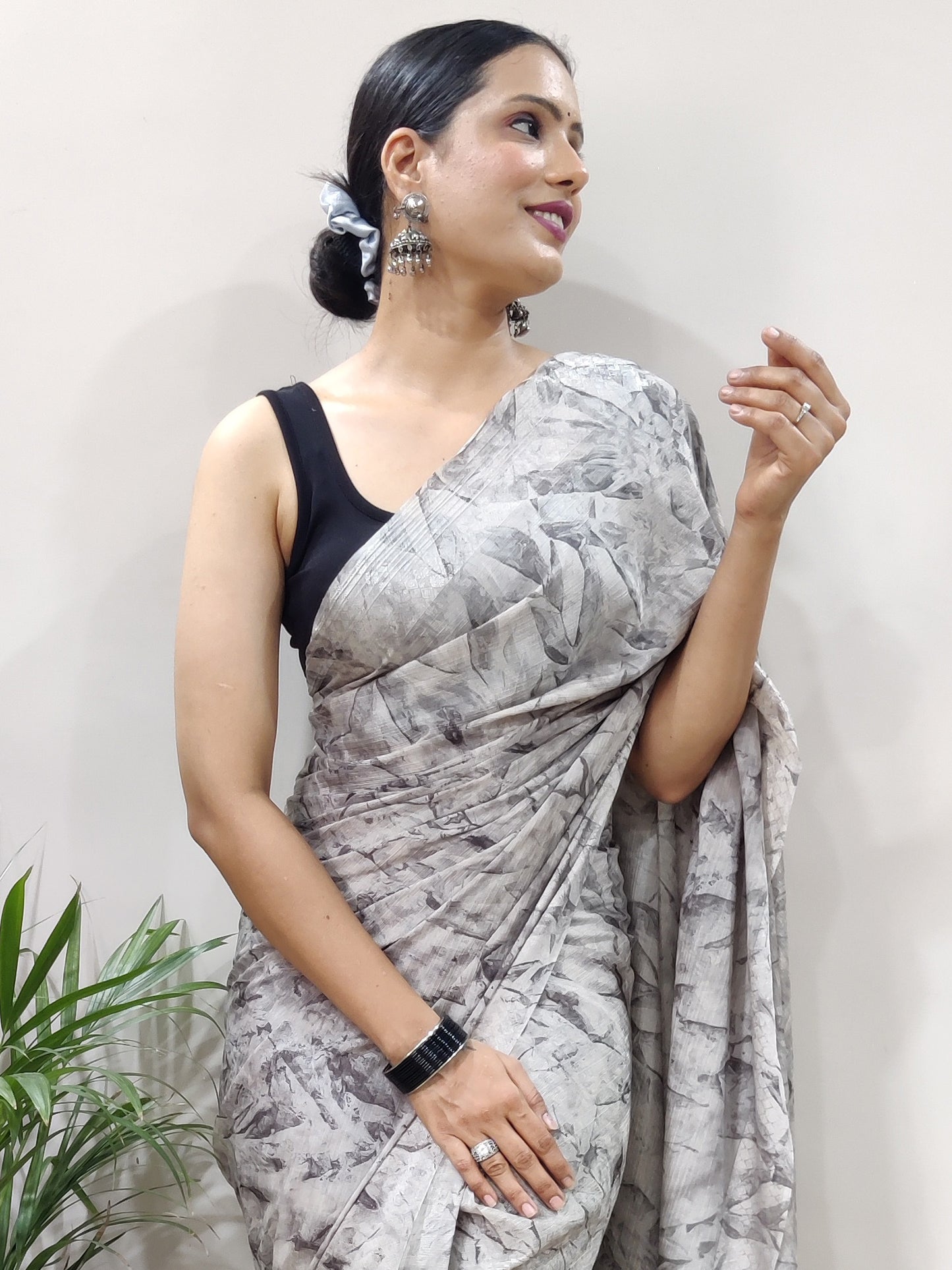 Women's Chiffon Grey Printed Ready to Wear With Blouse Piece