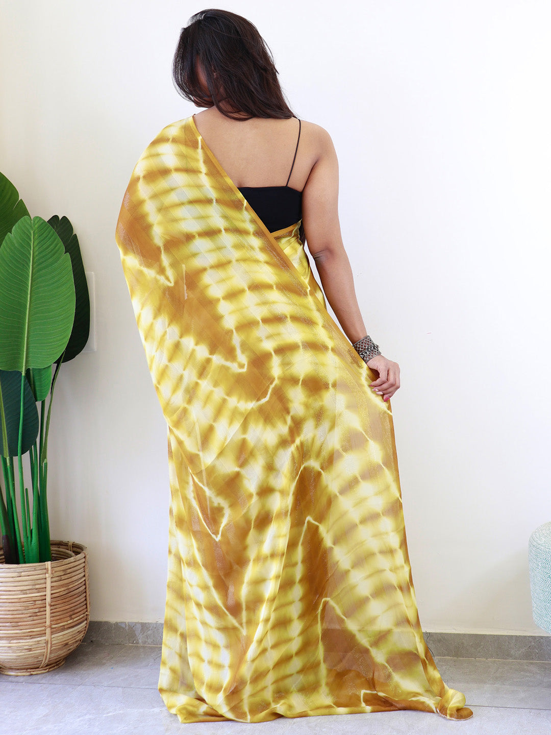 Women's Georgette Mustard Printed Ready to Wear With Blouse Piece