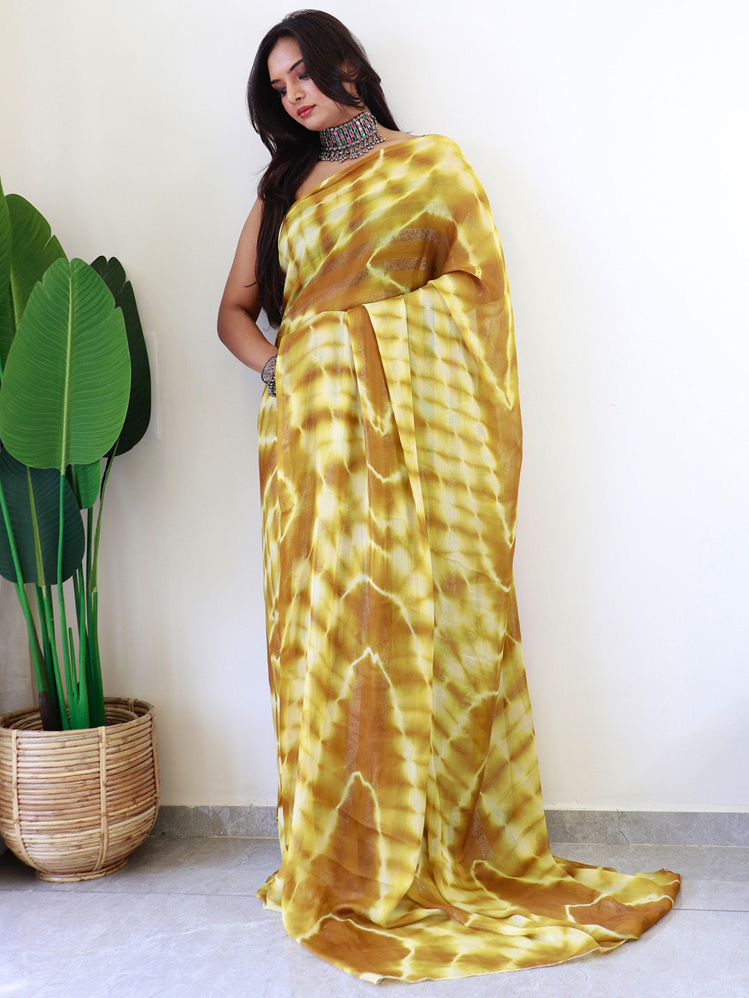 Women's Georgette Mustard Printed Ready to Wear With Blouse Piece