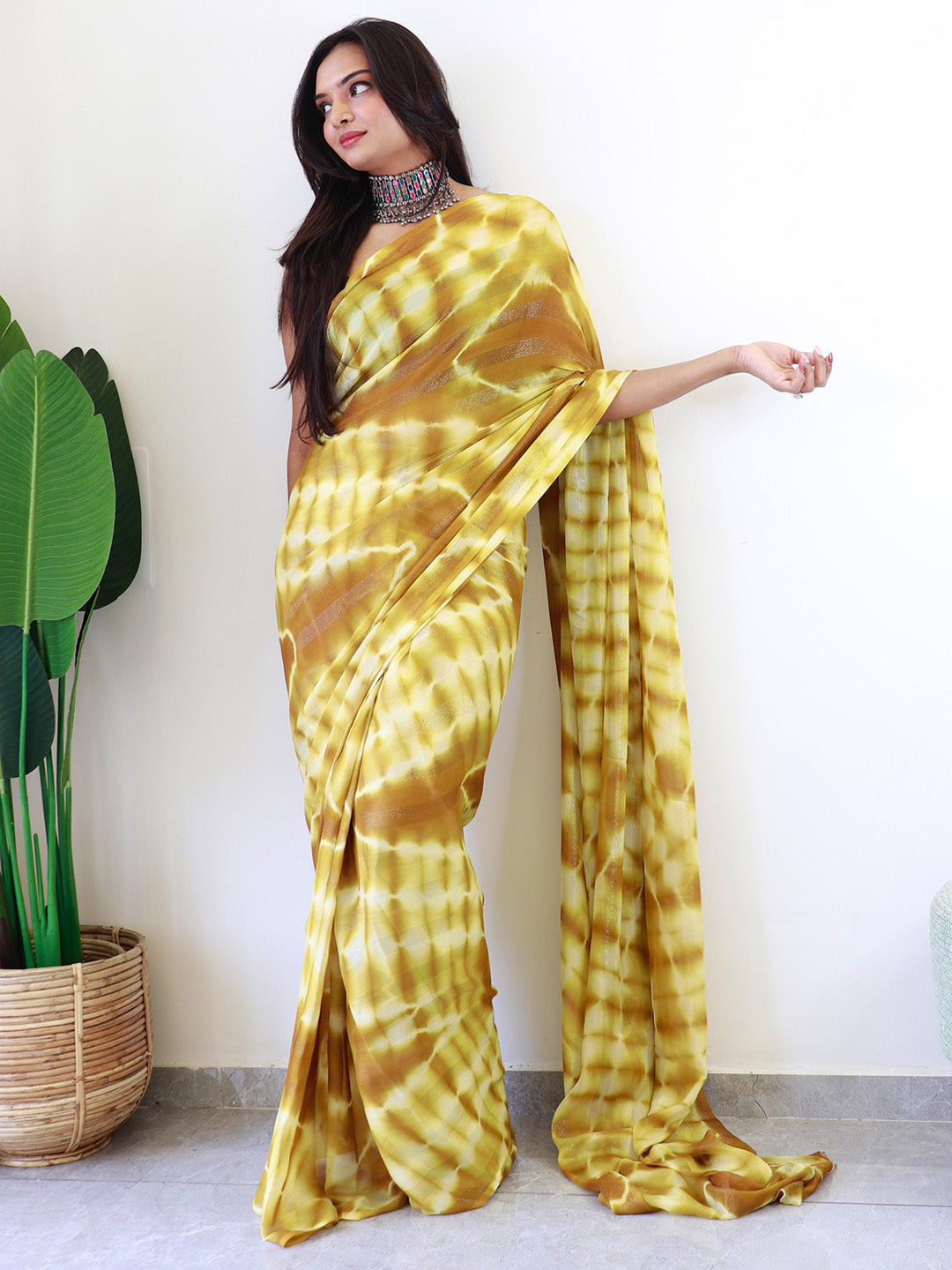 Women's Georgette Mustard Printed Ready to Wear With Blouse Piece