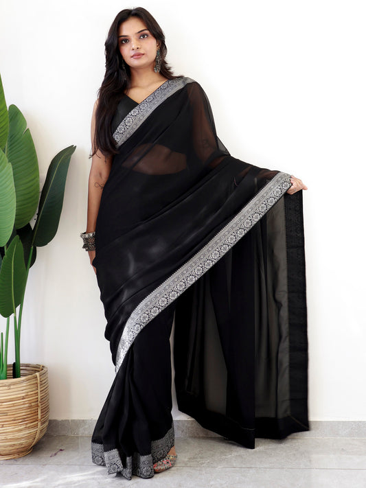 Women's Georgette Black Embellished Ready to Wear With Blouse Piece