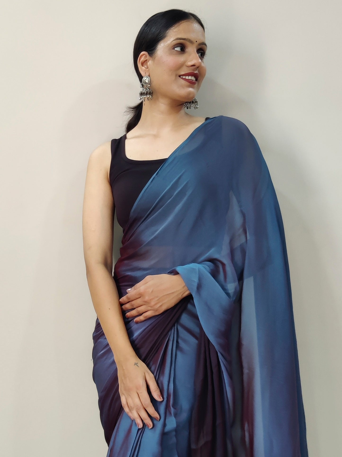 Women's Nylon Teal blue Printed Ready to Wear With Blouse Piece