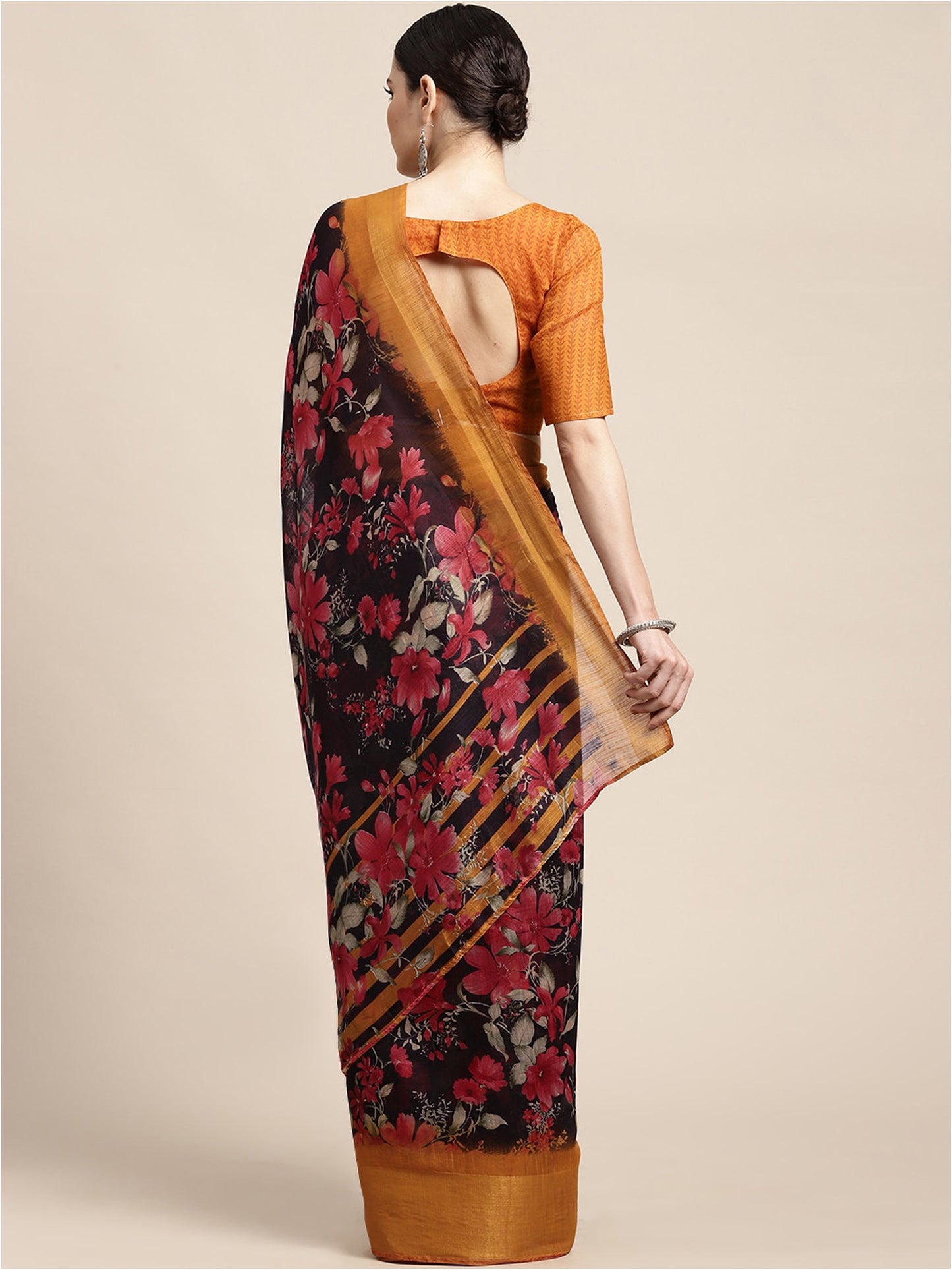 Women's Linen Black Printed Ready to Wear With Blouse Piece