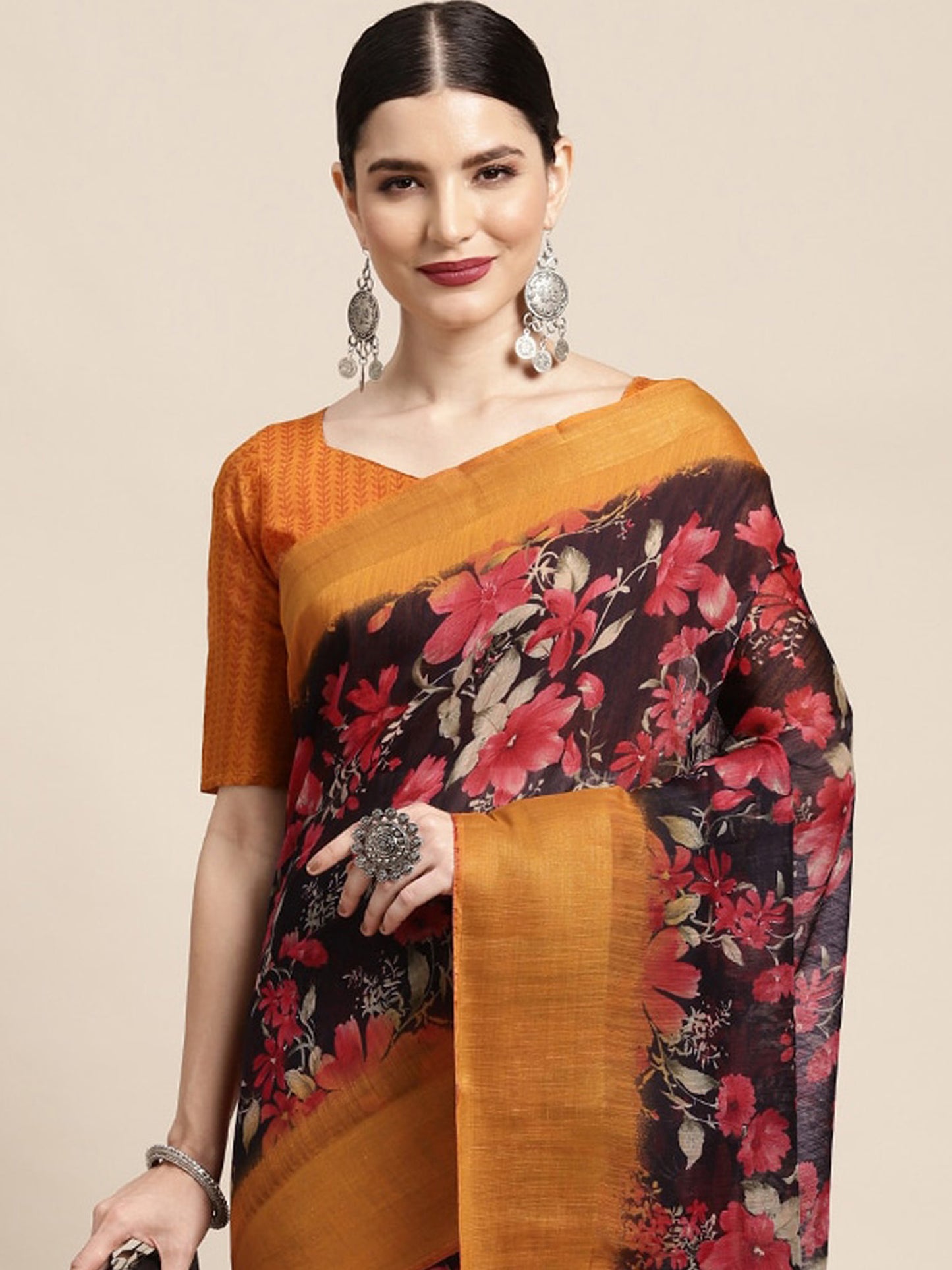 Women's Linen Black Printed Ready to Wear With Blouse Piece