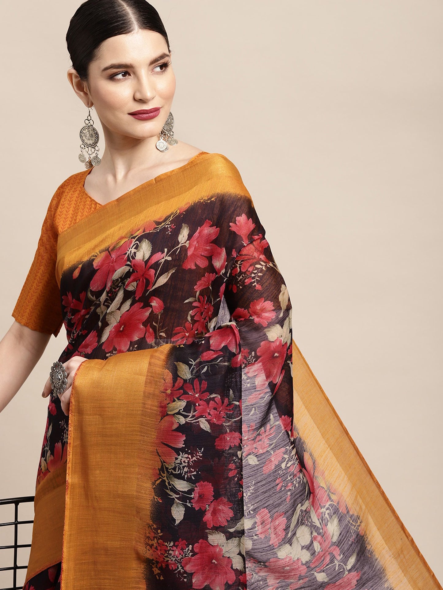 Women's Linen Black Printed Ready to Wear With Blouse Piece