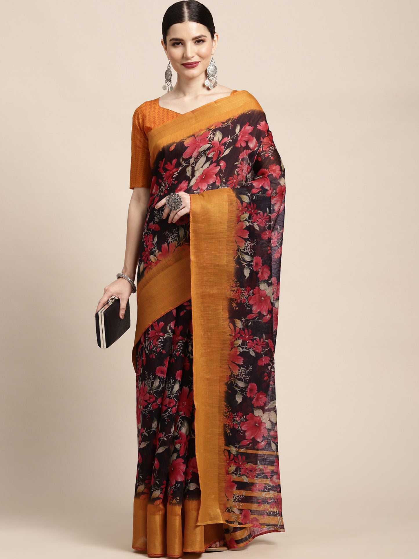Women's Linen Black Printed Ready to Wear With Blouse Piece