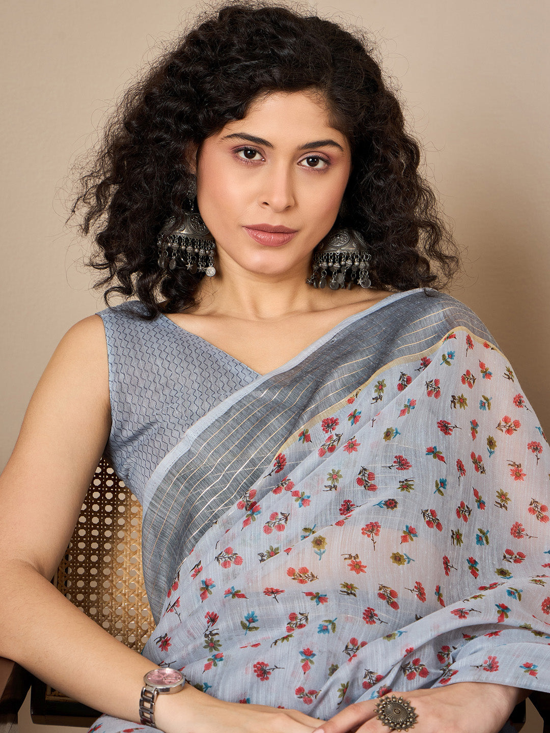 Women's Linen Grey Printed Ready to Wear With Blouse Piece