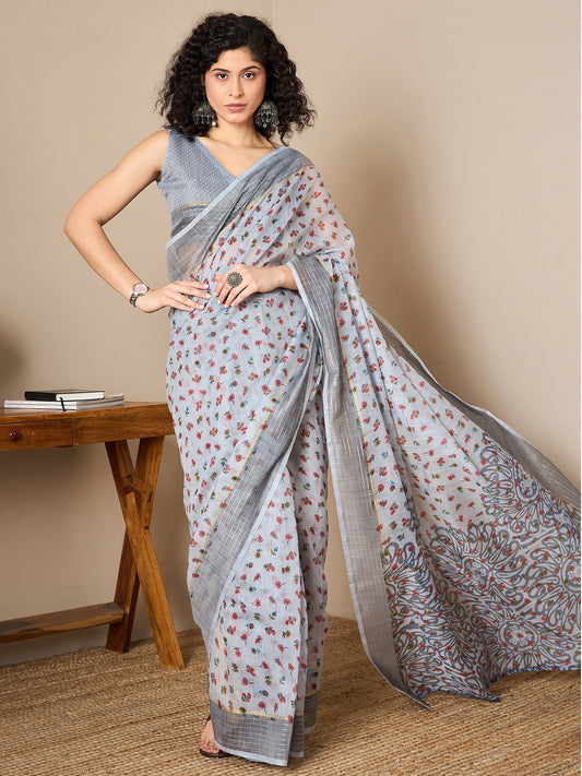 Women's Linen Grey Printed Ready to Wear With Blouse Piece