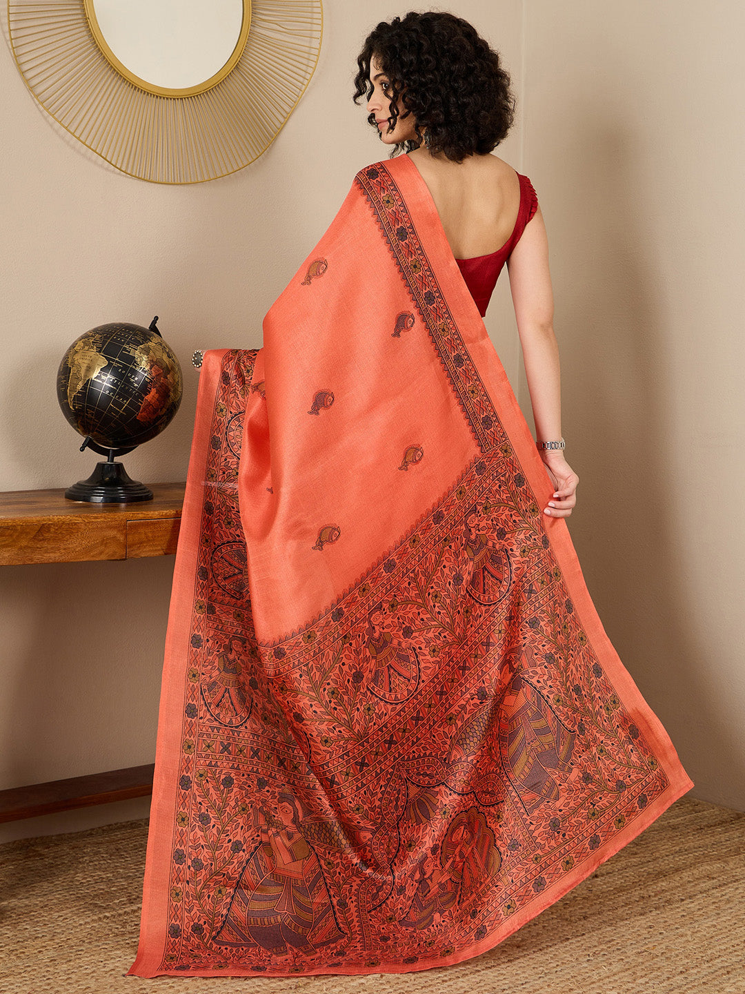 Women's Tussar Silk Red Printed Ready to Wear With Blouse Piece