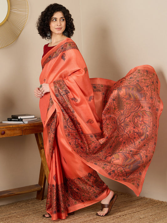 Women's Tussar Silk Red Printed Ready to Wear With Blouse Piece