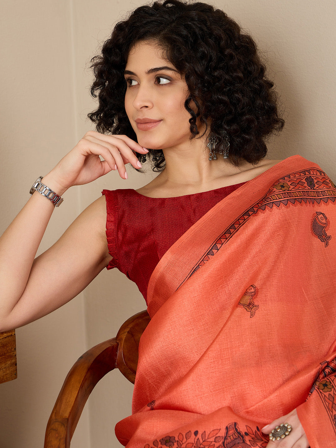 Women's Tussar Silk Red Printed Ready to Wear With Blouse Piece