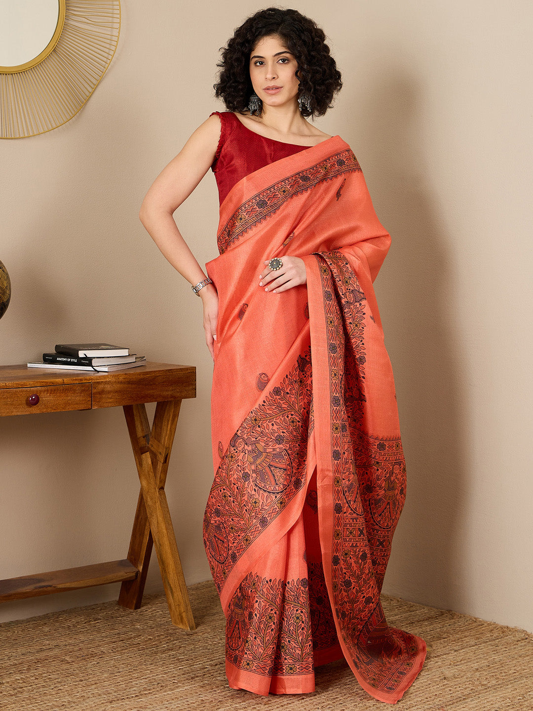 Women's Tussar Silk Red Printed Ready to Wear With Blouse Piece